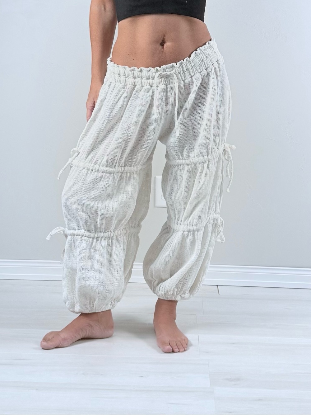 Urban Outfitters Cream Tiered Drawstring Semi Mesh Wide Leg Pants